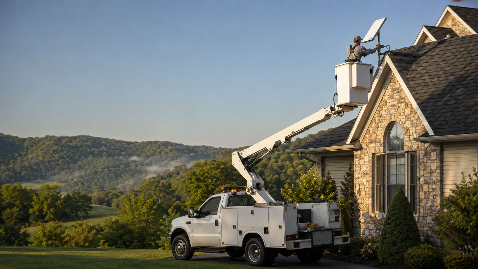 Experienced installer using a bucket truck to mount satellite internet equipment on an East Tennessee home